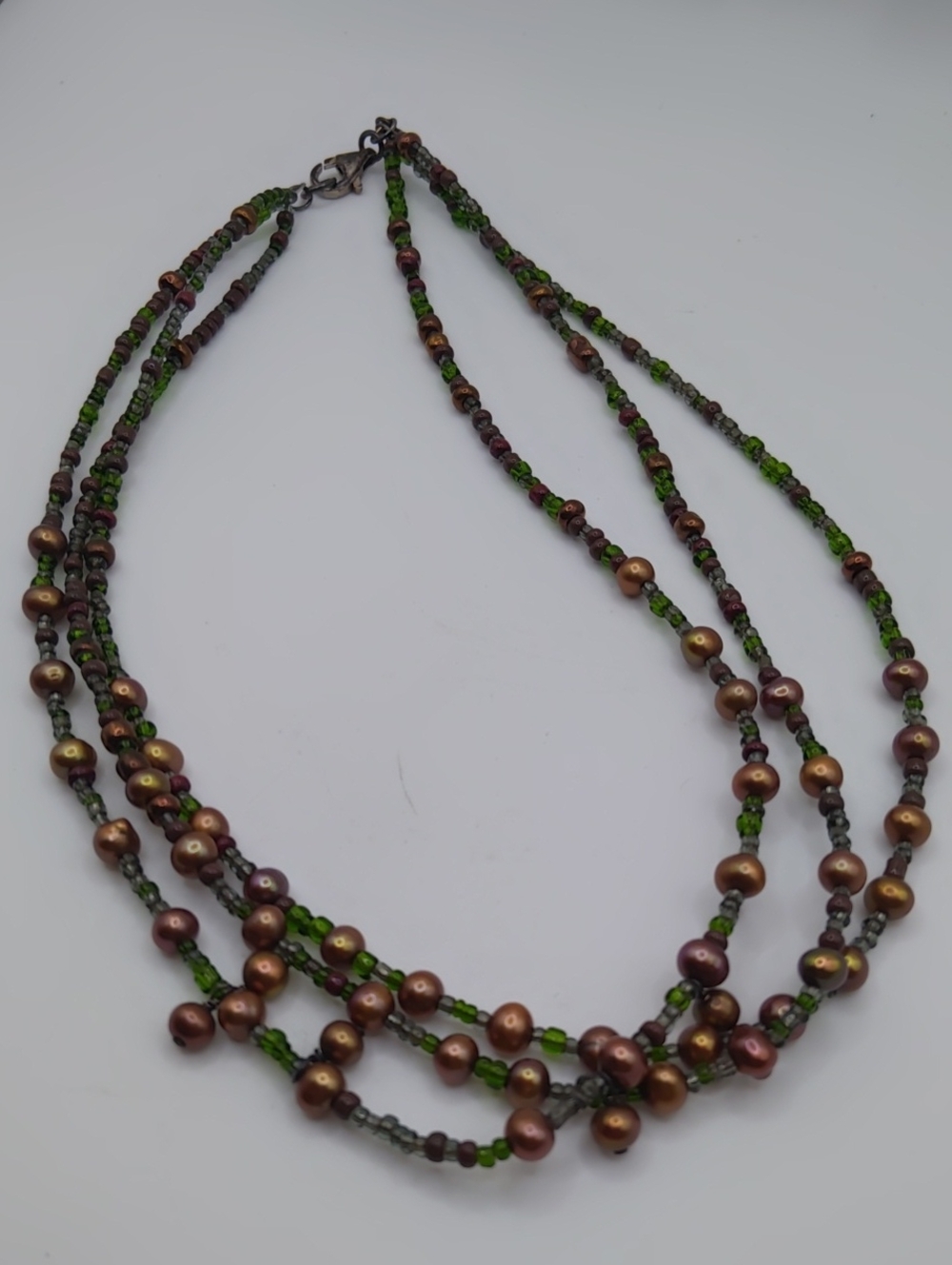 Peyote Bird 925 Pearl And Green Seed Bead Three Strand Necklace